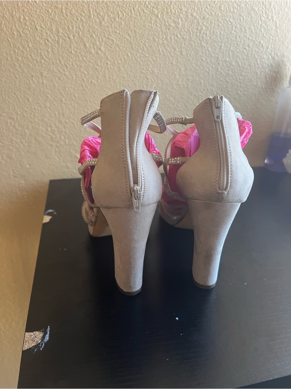 New York & Company Taupe Suede High Heel Sandals with Pink Accent